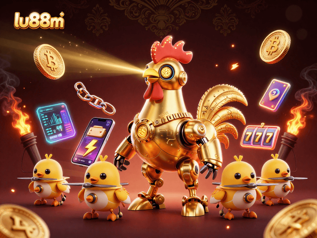 Engage with lu88m's vibrant casino vibe featuring a futuristic rooster robot amidst glowing crypto elements.