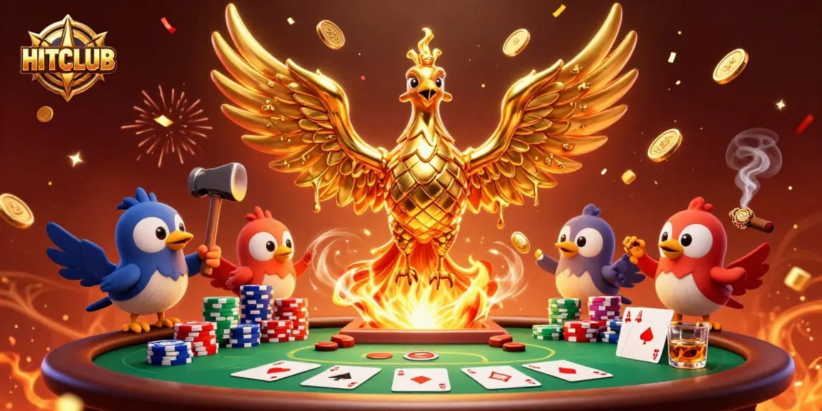 Experience the thrill of HITCLUB's vibrant casino excitement with a golden phoenix and poker elements.
