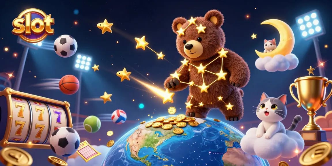 Experience thrilling slot excitement as golden stars scoop coins amidst sports elements and vibrant symbols.