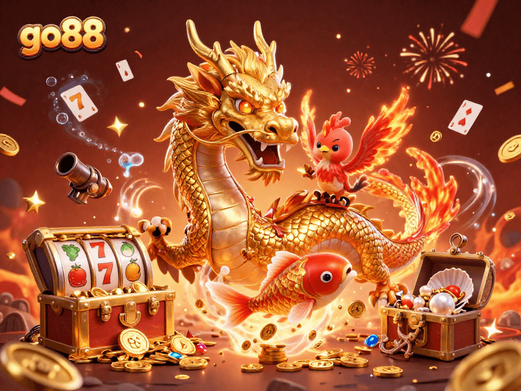 Experience the excitement of go 88 with vibrant 3D characters amid dynamic gaming elements and treasure!