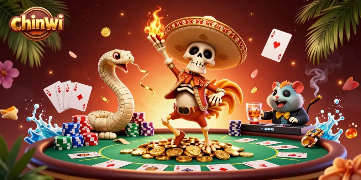 Experience chinwi with a festive 3D scene featuring lively gambling characters and rich casino elements.