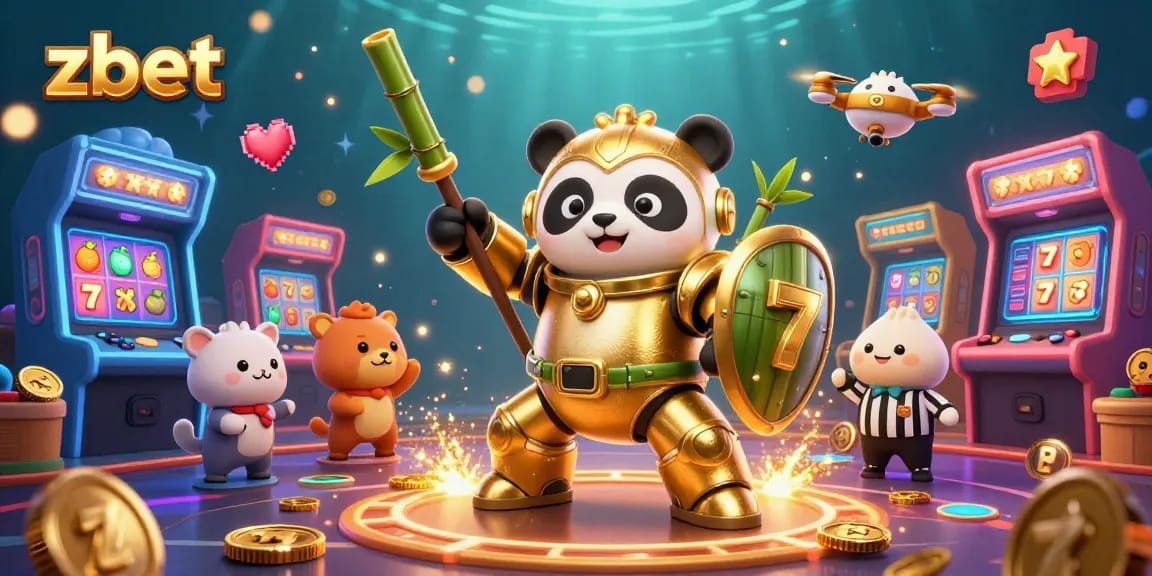Engage in vibrant gaming with zbet's ultra-detailed casino illustration featuring a mech-suit panda.