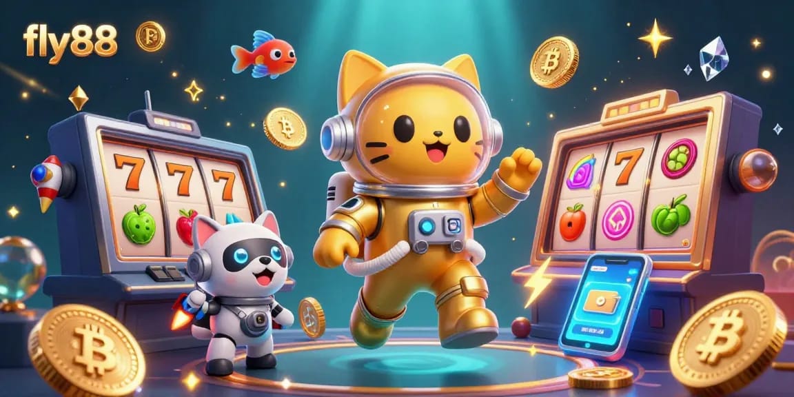Experience the thrill of fly88 with a vibrant 3D casino scene featuring cartoon characters and dynamic gaming elements.
