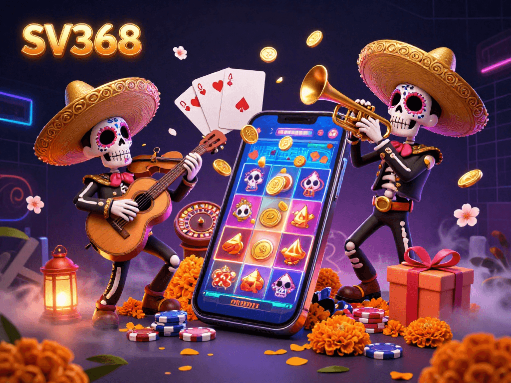 Experience thrilling gaming with SV368’s lively mariachi band amidst vibrant casino elements.