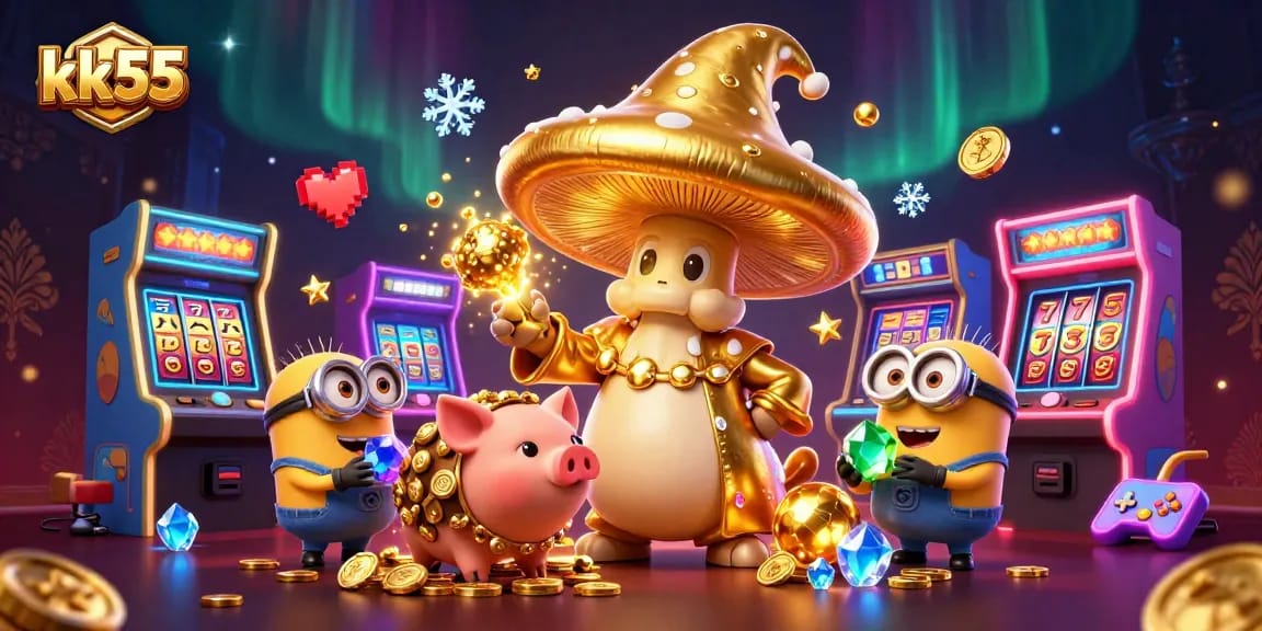 Experience winning magic at kk55 with a golden mushroom wizard and gaming treasures in a lively casino scene.