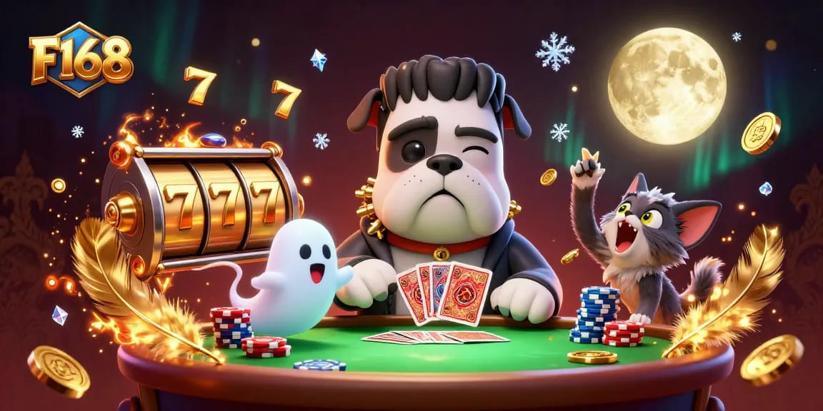 Experience F168 with a lively 3D casino scene featuring unique characters and slot elements.