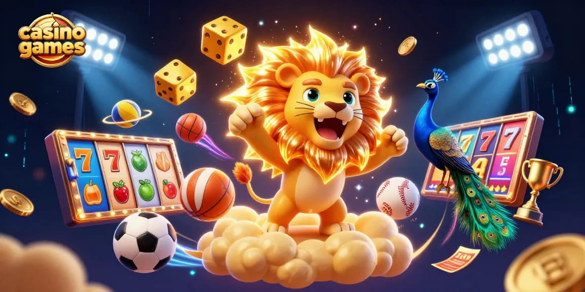 Engage in thrilling casino games with a roaring lion, lucky dice, and vibrant elements.