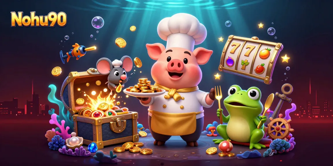Nohu90 showcases a lively casino scene with characters and gold coins in 3D illustration.