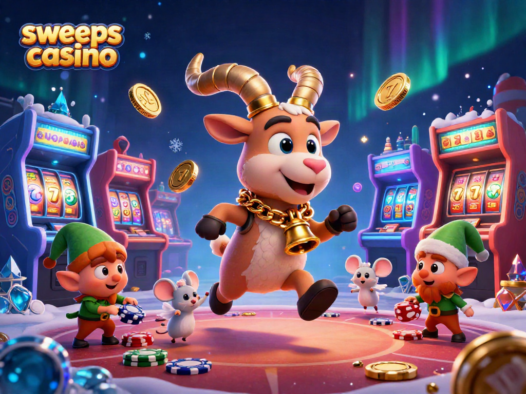 Engage in thrilling experiences at sweeps coins casino with festive characters amid vibrant gaming elements.