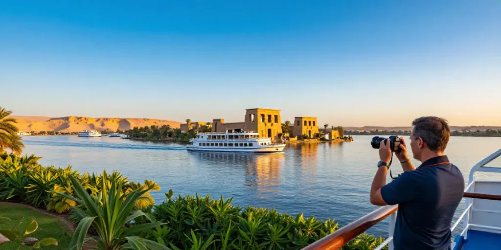 Lake Nasser Cruise experience with traveler enjoying scenic views of ancient temples at sunset.