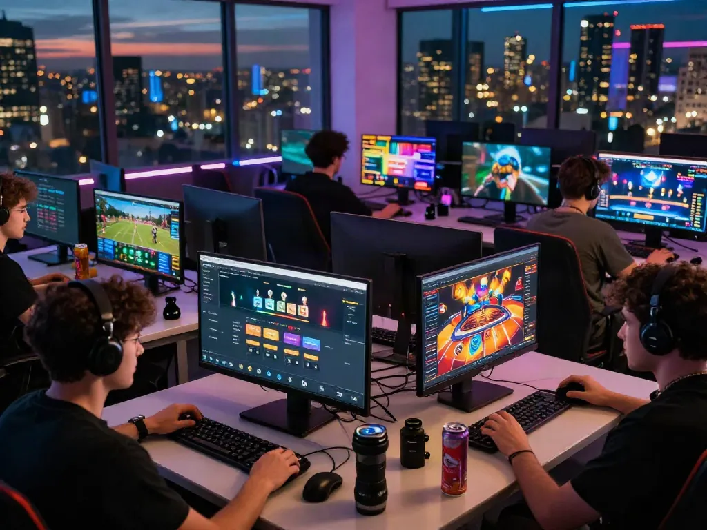 Players engaging on DEBET platform computers in vibrant online gaming setup.