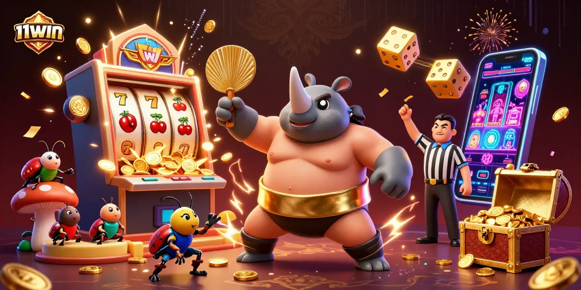 Experience thrills with 11WIN's cartoon beetle champion amidst vibrant casino chaos.