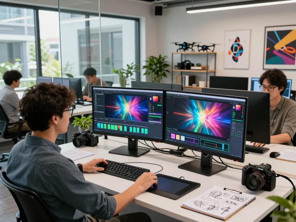 Creative professional showcasing kling 2.22 video creation in a dynamic tech studio atmosphere.