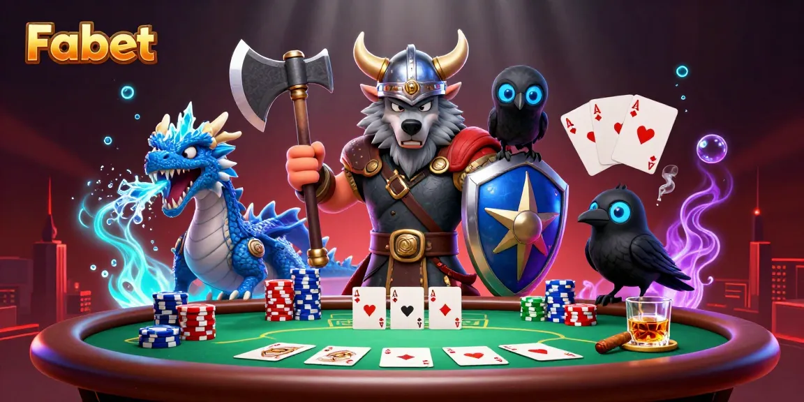 Join the exciting world of Fabet with a fierce Viking warrior and dragon at a dynamic poker scene.