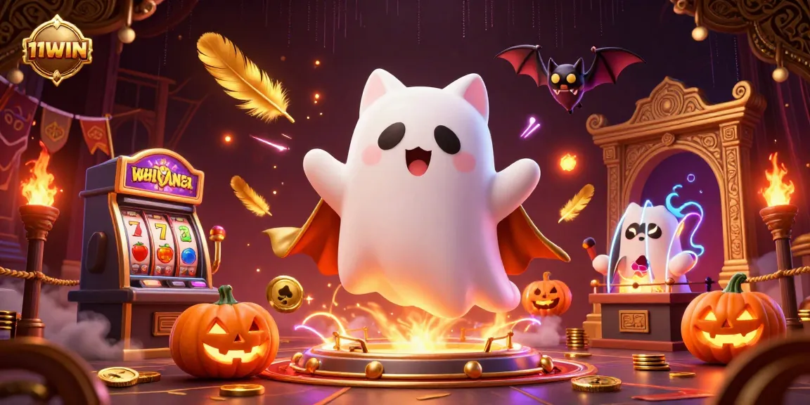 Win big with 11WIN's casino magic featuring ghostly characters and vibrant gaming elements.