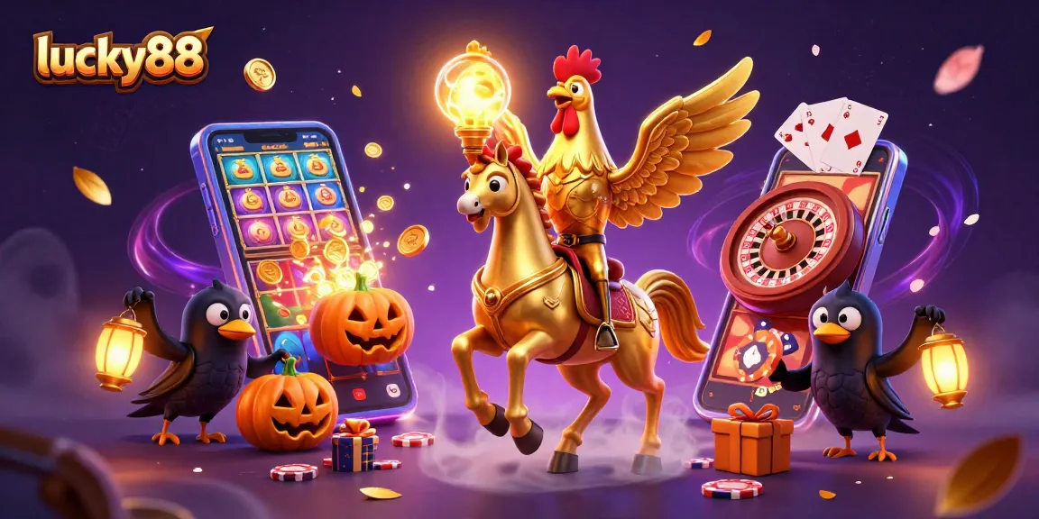 Experience thrilling adventures with lucky88, featuring a golden rooster and vibrant casino elements.