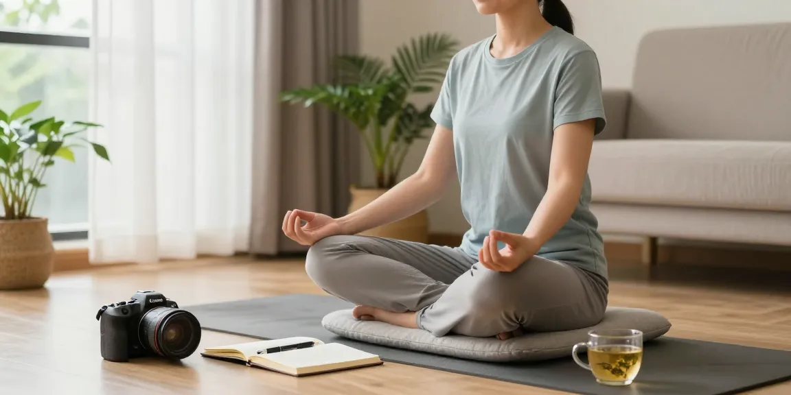 A serene home office scene illustrating how anxiety can be a disability, featuring a person meditating in a calming environment.