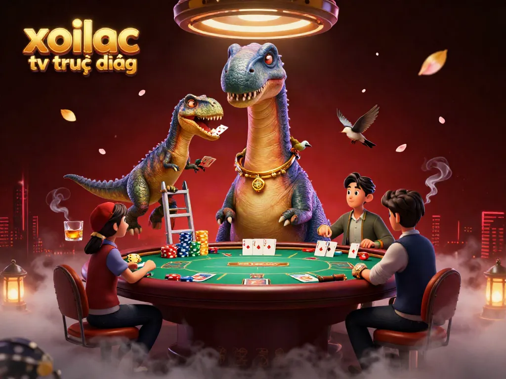 Watch the brontosaurus peek through the ceiling at a vibrant poker game, immersing in the action of xoilac tv trực tiếp.