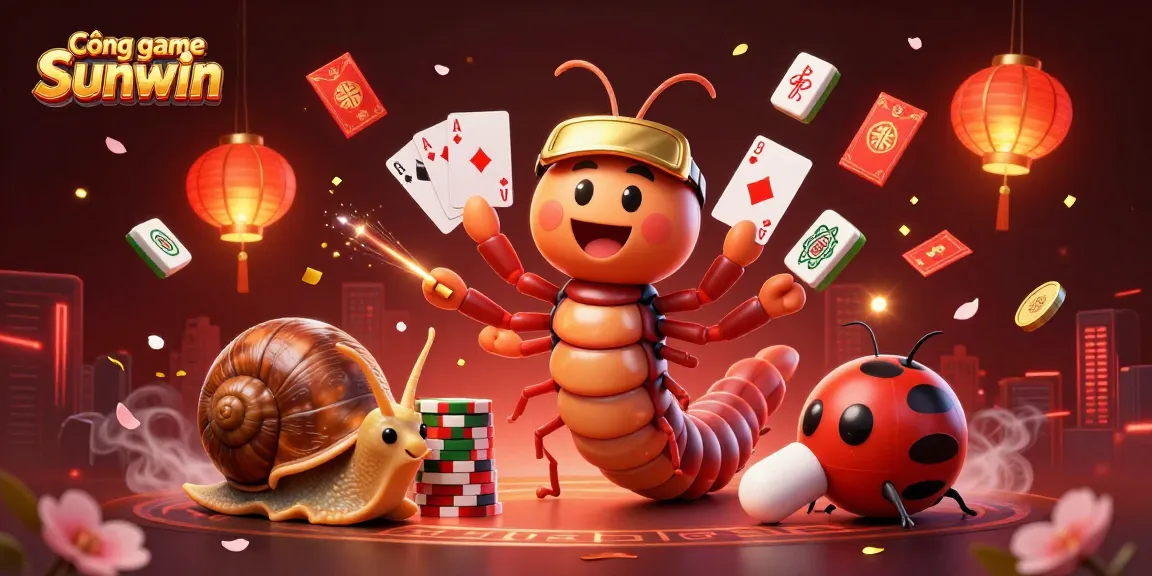 Cổng game Sunwin features a whimsical 3D scene with a millipede dealer and snail high-roller in a vibrant casino atmosphere.