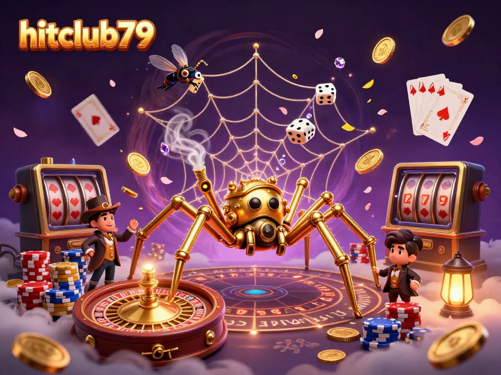 Experience thrilling gameplay at hitclub79 with a steampunk spider and a Victorian gentleman in a vibrant casino scene.