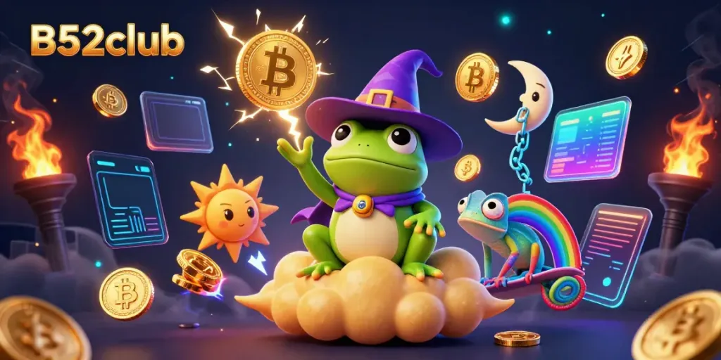 B52club's exciting gaming scene features a weather wizard frog and a rainbow chameleon amidst golden coins and crypto elements.