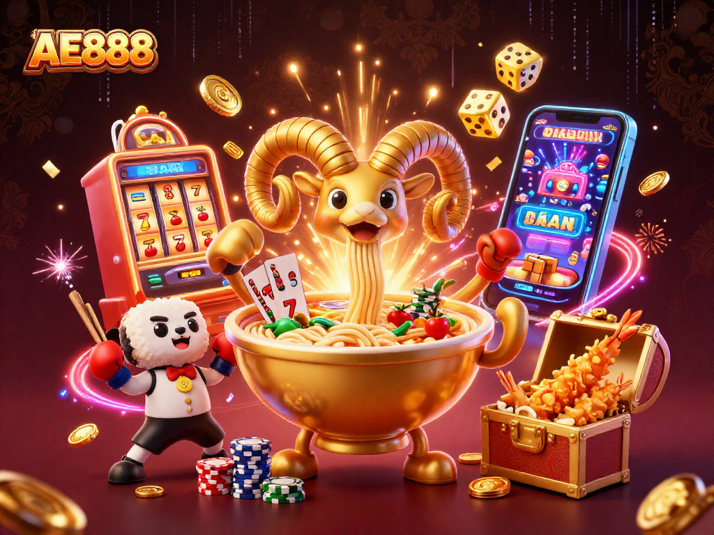 AE888 brings excitement with a vibrant 3D casino scene featuring dynamic elements and characters.