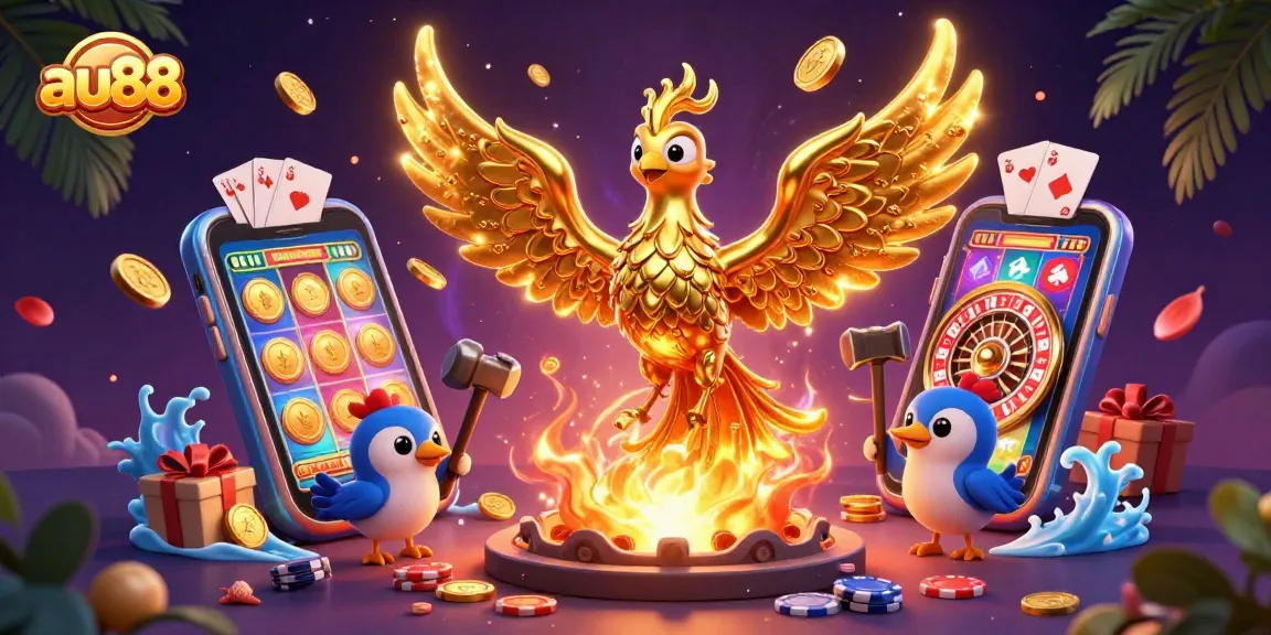 Engage with au88's thrilling gaming experience featuring a golden phoenix and vibrant casino elements.