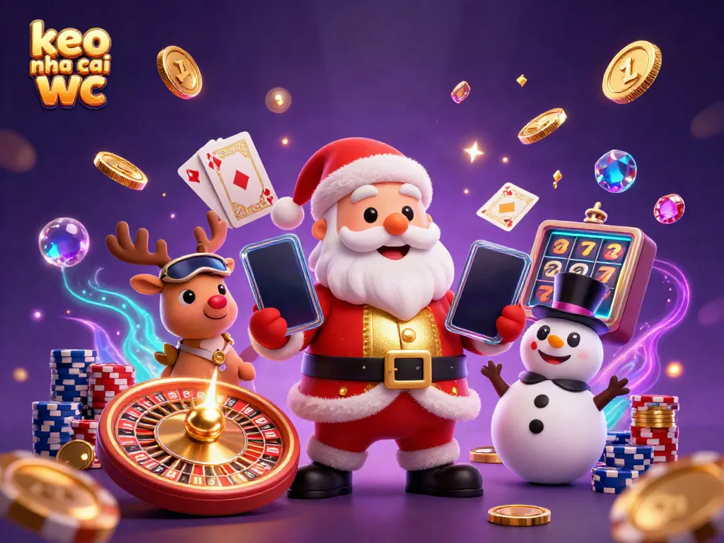 Engage with keo nha cai wc in a festive casino scene featuring Santa, a reindeer dealer, and a poker chip snowman.