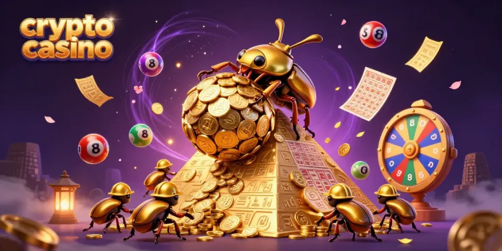 Engage with a vibrant 3D scene of a crypto casino, featuring a golden dung beetle and dynamic game elements.