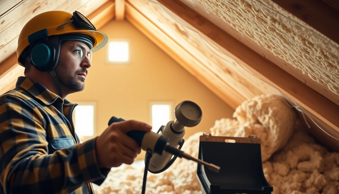 Contractor performing loft spray foam removal in a well-lit attic setting.