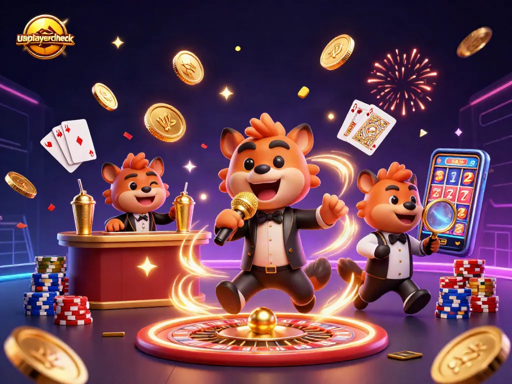 usplayercheck showcases a lively casino scene with hyenas entertaining guests amid golden coins and vibrant gaming elements.