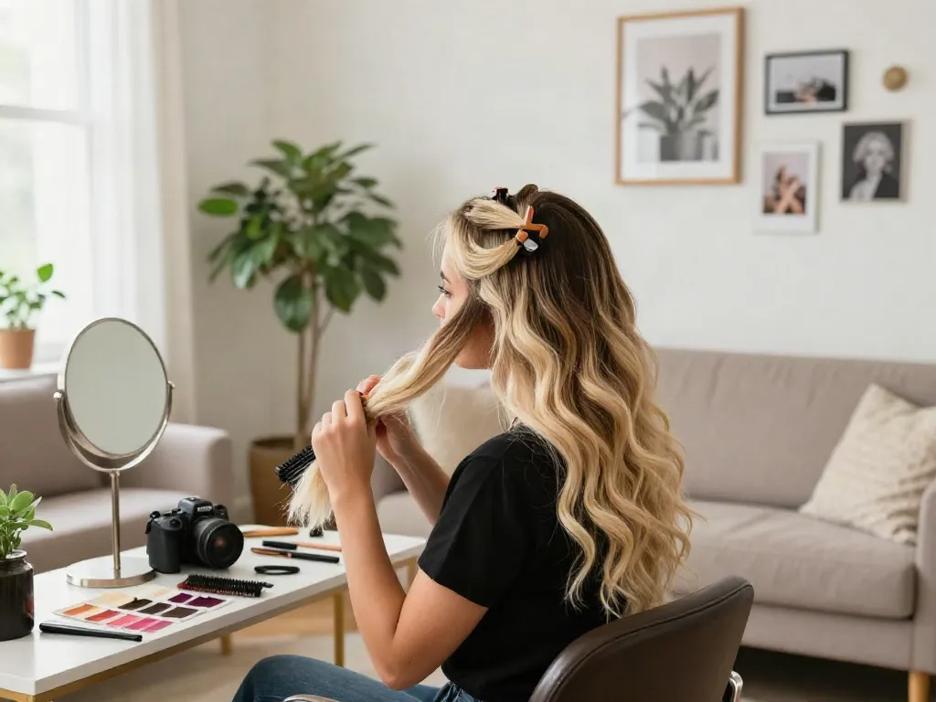 Woman using human hair clip ins in vibrant living room, showcasing stylish transformation