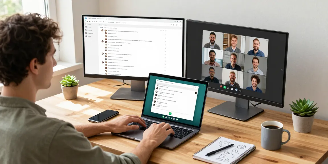 Engaged user utilizing WhatsApp電腦版 on laptop in a modern home office.