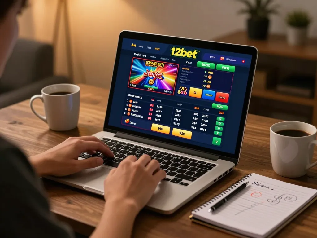 Trải nghiệm cá cược trực tuyến hấp dẫn với 12bet hiển thị trên màn hình laptop trong khi thưởng thức không gian thoải mái tại nhà.