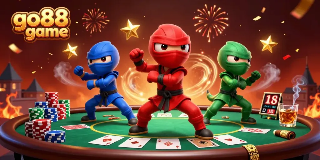 Experience the excitement of go88 game with ninja chameleons and casino elements in a vibrant scene.