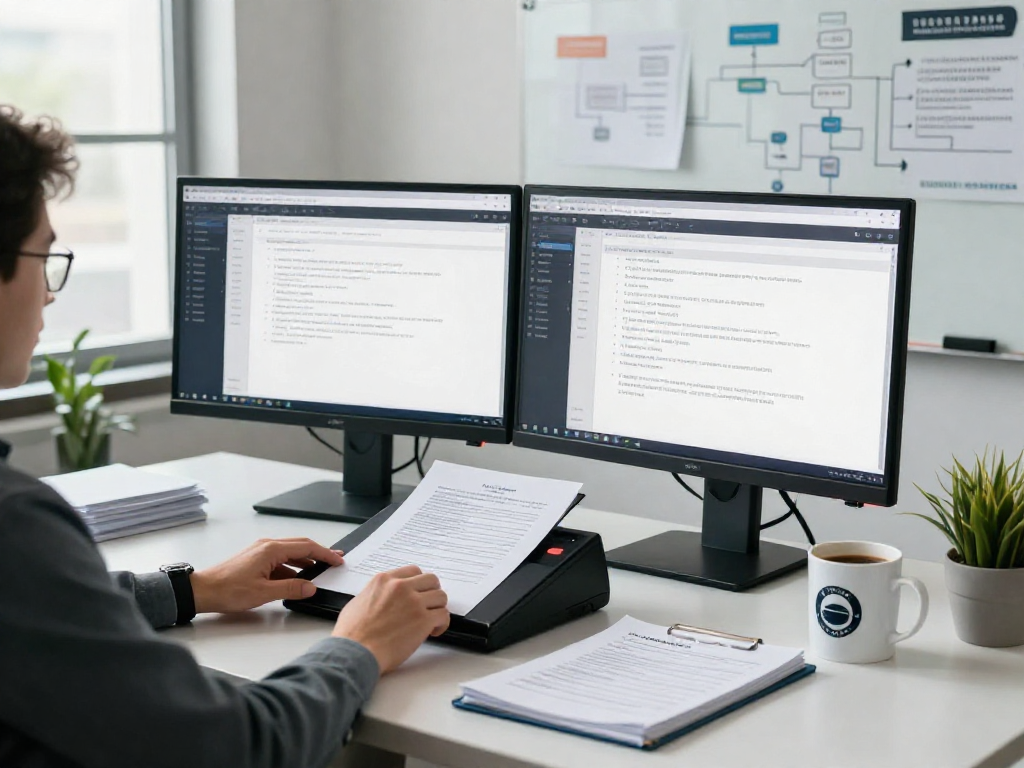 Professional workspace focused on document fraud detection with analyst using dual monitors and scanning technology.