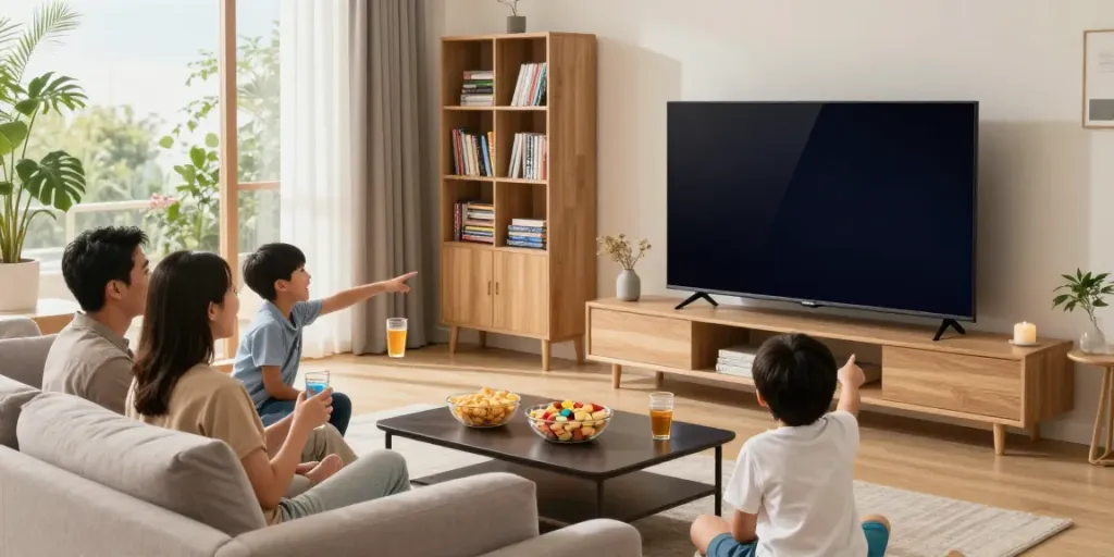 Family enjoying a cozy living room while subscribing to IPTV services.