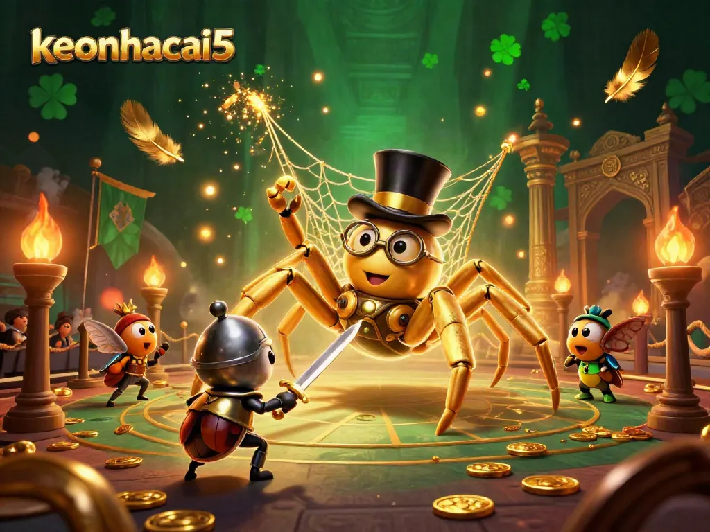 Engage with keonhacai5's thrilling betting experience as characters weave golden tales amidst vibrant casino elements.