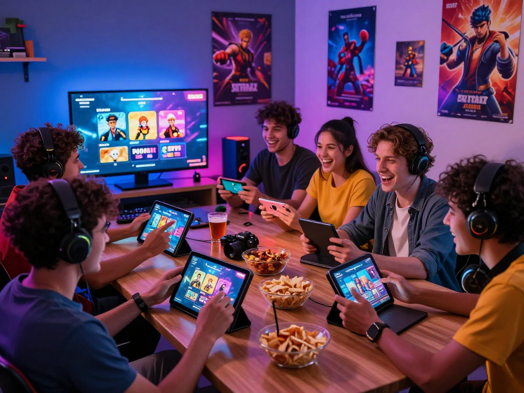 Group of friends enjoying free porn games together on devices in a lively gaming environment