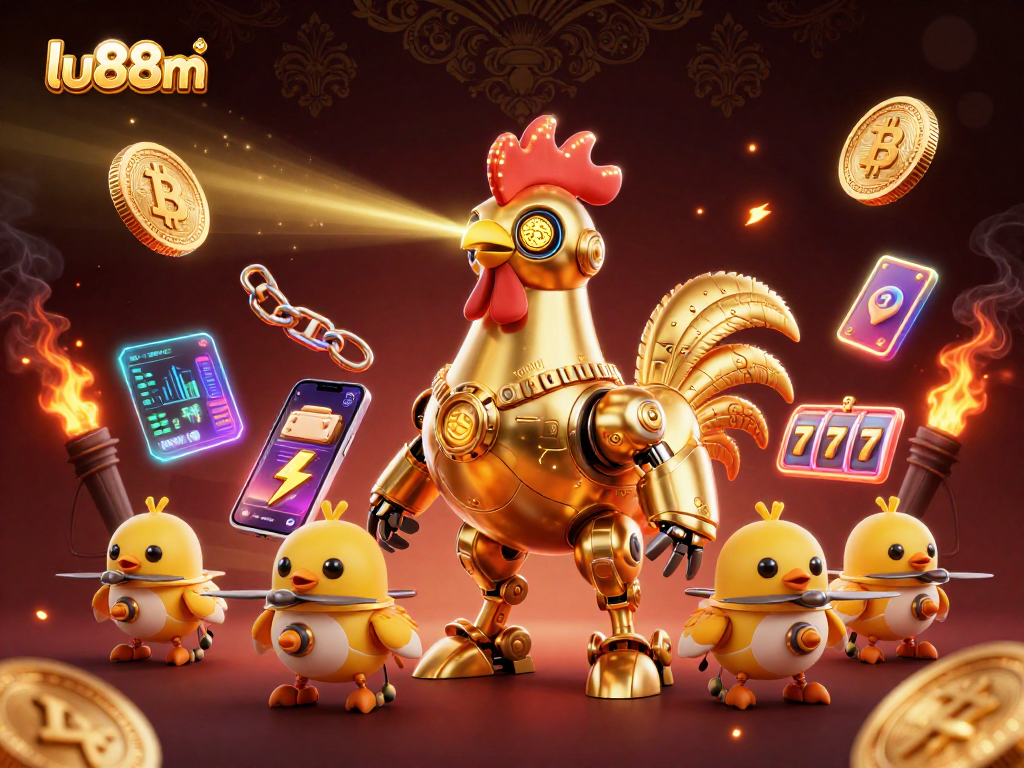 Engage with lu88m's vibrant casino vibe featuring a futuristic rooster robot amidst glowing crypto elements.