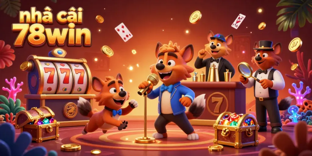 Experience the dynamic fun at nhà cái 78win with a lively 3D cartoon illustration of hyenas in a casino club setting.