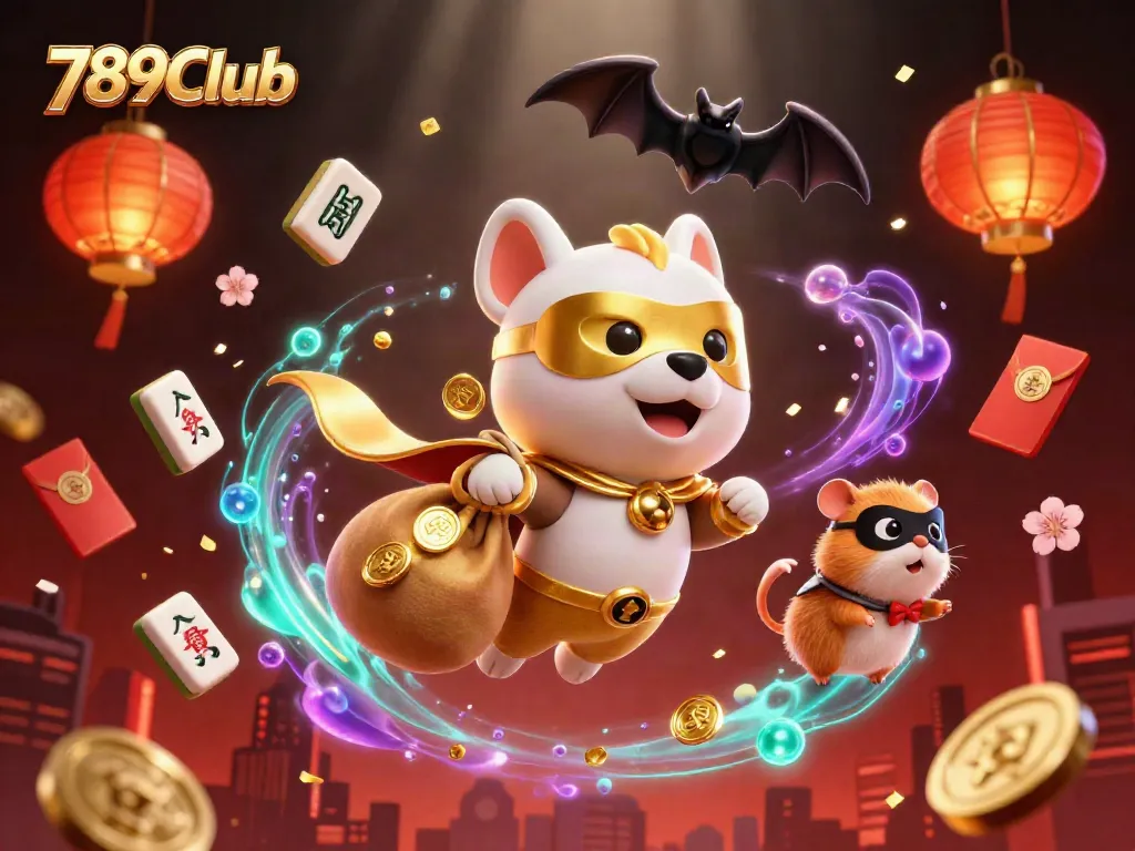Experience excitement with the 789Club superhero dog soaring with gold coins amid casino-themed elements.