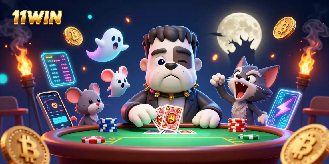 Experience thrilling poker action with 11WIN as the Frankenstein bulldog deals cards amidst crypto coins.