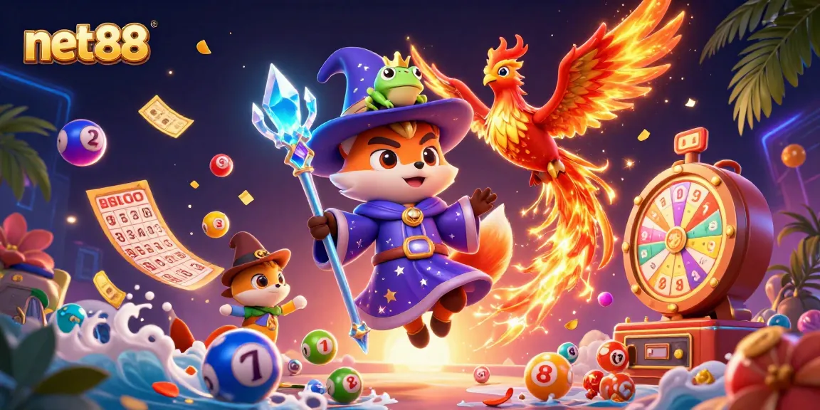 Experience the excitement of net88 with a dynamic casino-themed illustration featuring a wizard fox and phoenix.