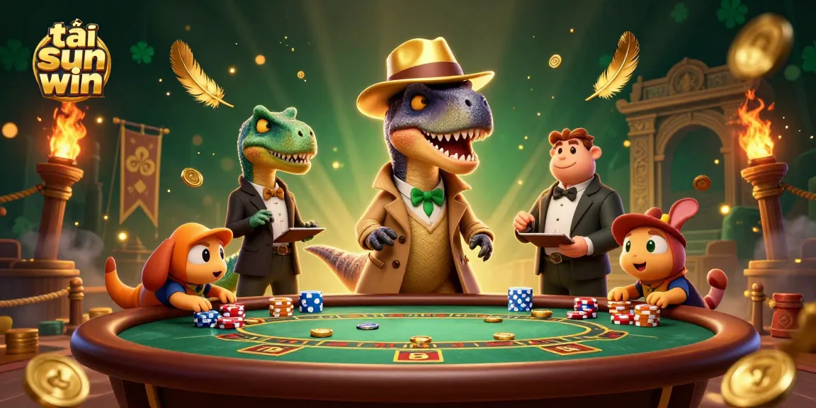 Join the action with tải sun win at a vibrant blackjack table featuring a velociraptor player and a stegosaurus pit boss.