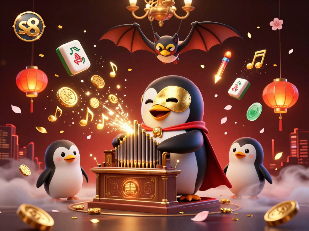 S8 platform featuring an engaging penguin playing an organ amid floating treasures, representing excitement in gambling.