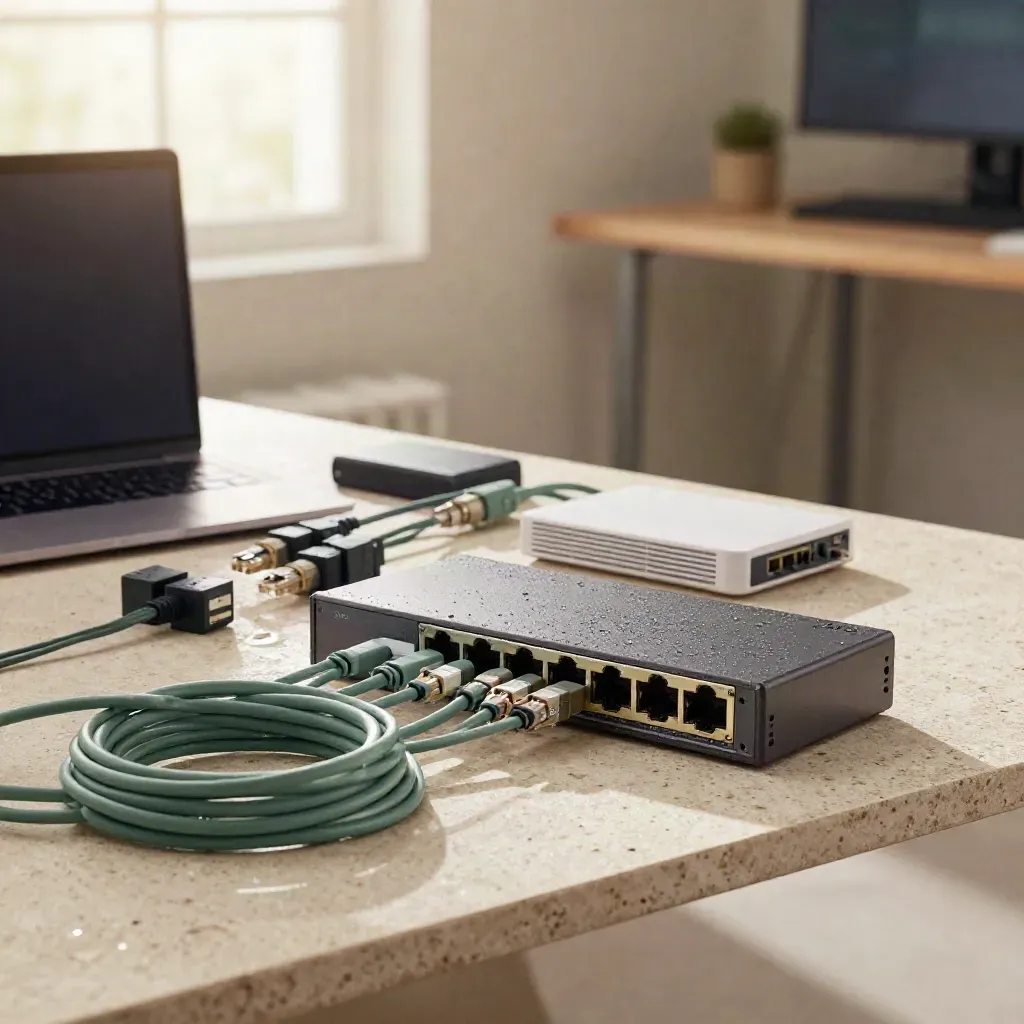 Matte network switch, coiled cables, closed laptop and access point on a stone slab at dawn mist.