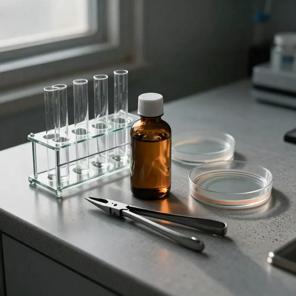 Lab vials, amber bottle, forceps, and petri lids on brushed stone