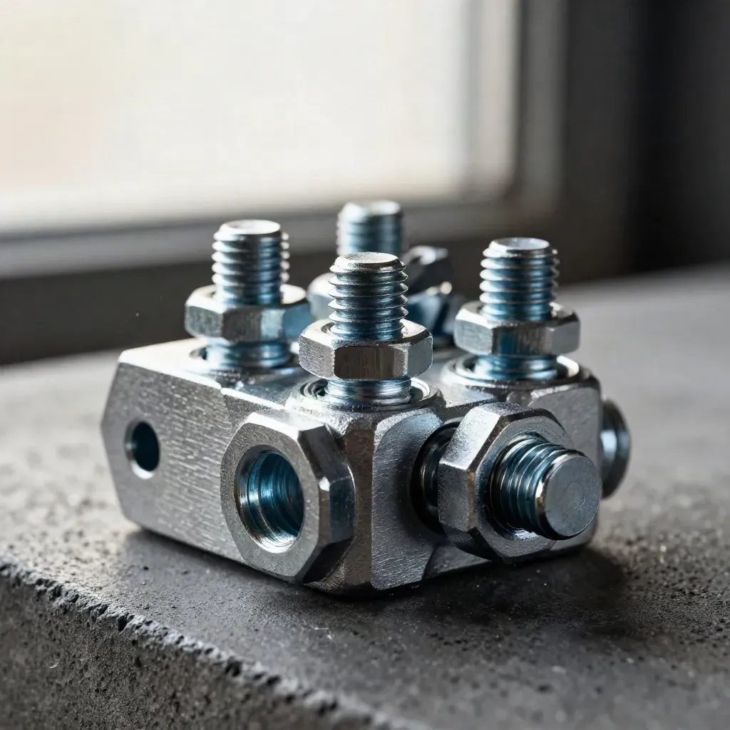 Machined aluminum bracket, bolts, and steel coupling on dark concrete in macro industrial still life.