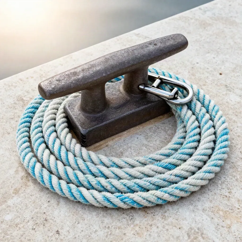 Dock cleat, rope coil, shackle, and gasket on pale stone, lit in soft marine haze.